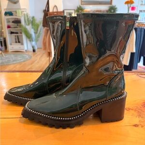 Patent Dark Green Ankle Booties with Studded Lug Sole